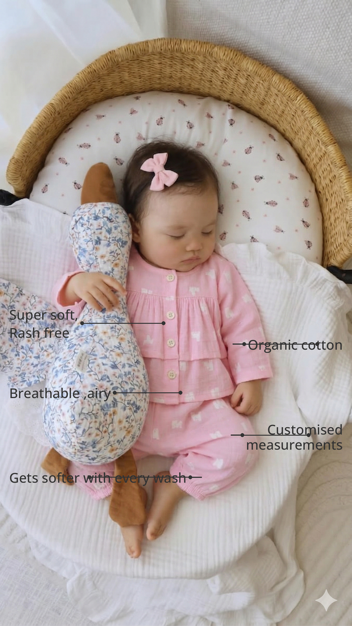 Anaario Pink and white raindrops Set features - organic cotton, super soft and rash free, breathable, gets softer with every wash, customised measurements