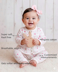 Anaario Plum specks Set features - organic cotton, super soft and rash free, breathable, gets softer with every wash, customised measurements