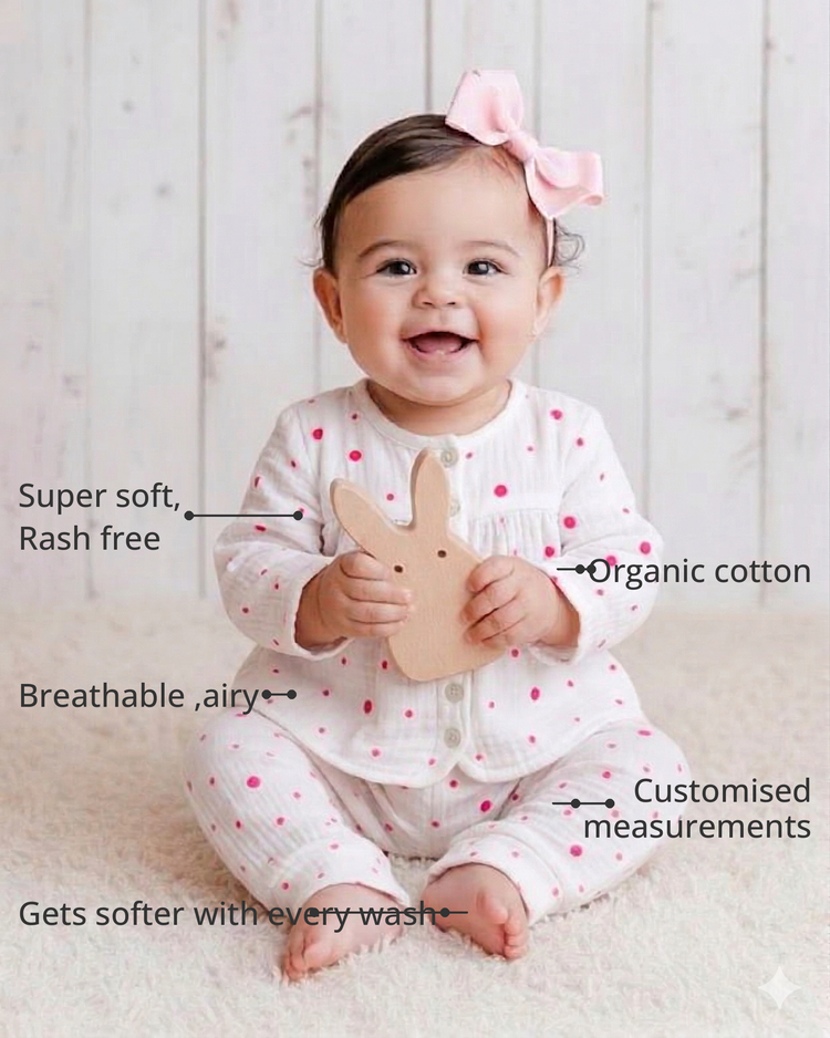 Anaario Plum specks Set features - organic cotton, super soft and rash free, breathable, gets softer with every wash, customised measurements