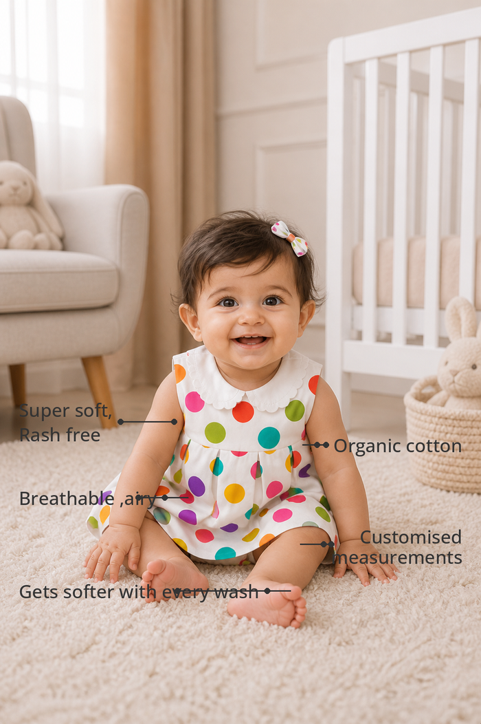 Anaario Rainbow Dot Pinafore Dress features - organic cotton, super soft and rash free, breathable, gets softer with every wash, customised measurements