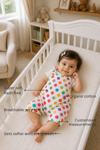 Anaario Rainbow Dot Pleated Romper Set features - organic cotton, super soft and rash free, breathable, gets softer with every wash, customised measurements