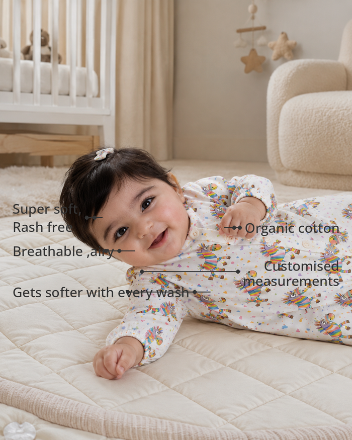 Anaario Rainbow Zebra Set features - organic cotton, super soft and rash free, breathable, gets softer with every wash, customised measurements