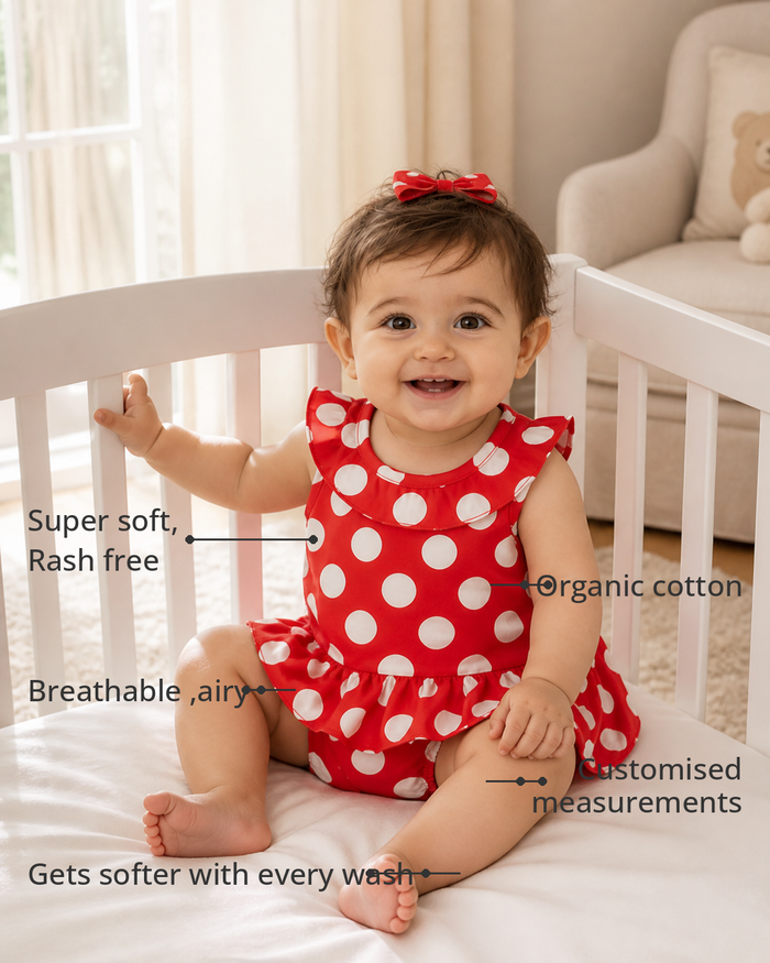 Anaario Red Dot Frill Dress Set features - organic cotton, super soft and rash free, breathable, gets softer with every wash, customised measurements