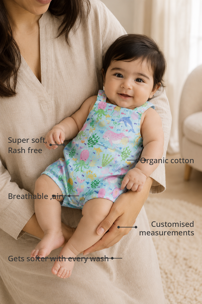 Anaario Sea Friends Pinafore Baby Romper features - organic cotton, super soft and rash free, breathable, gets softer with every wash, customised measurements