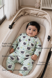 Anaario Sheep and Nightsky Set features - organic cotton, super soft and rash free, breathable, gets softer with every wash, customised measurements