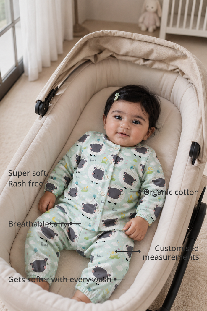 Anaario Sheep and Nightsky Set features - organic cotton, super soft and rash free, breathable, gets softer with every wash, customised measurements
