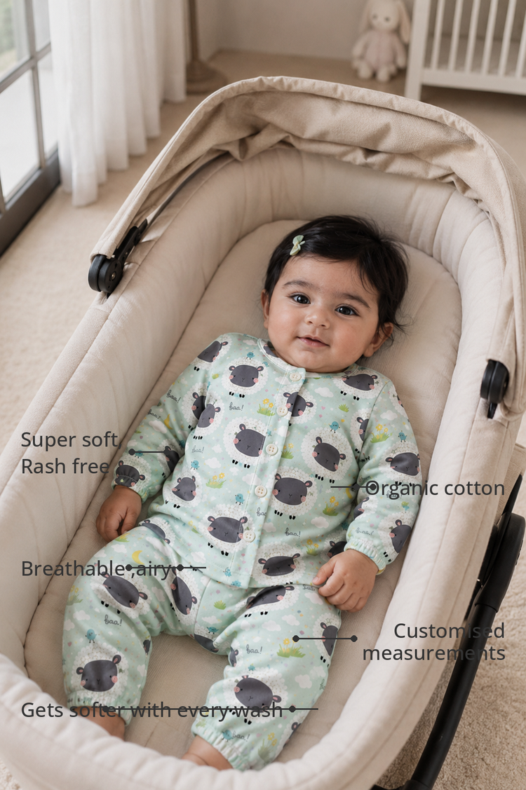 Anaario Sheep and Nightsky Set features - organic cotton, super soft and rash free, breathable, gets softer with every wash, customised measurements