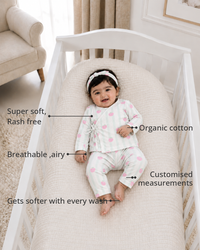 Anaario Strawberry Wrap Baby Co-ord Set features - organic cotton, super soft and rash free, breathable, gets softer with every wash, customised measurements