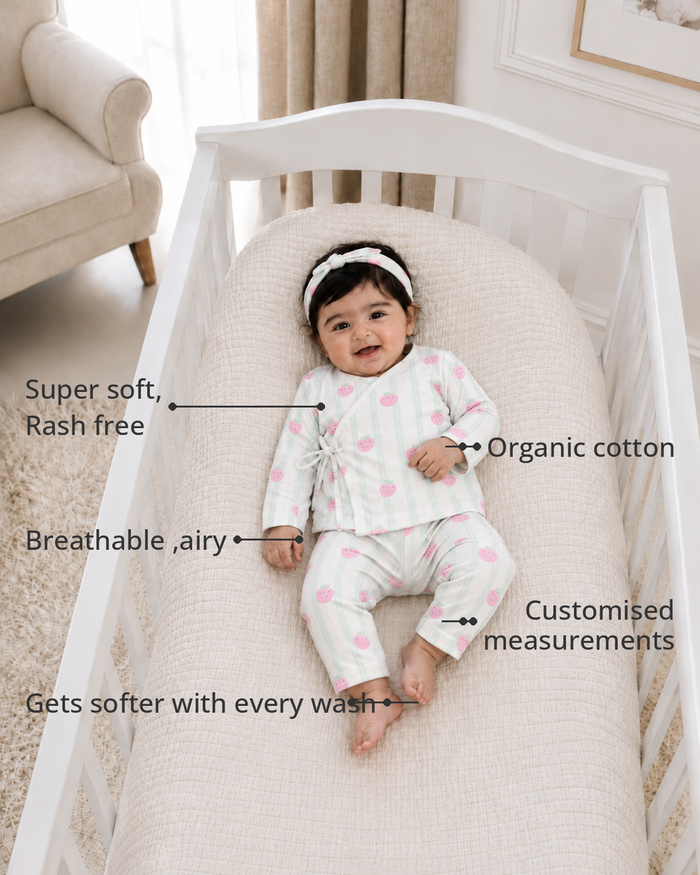 Anaario Strawberry Wrap Baby Co-ord Set features - organic cotton, super soft and rash free, breathable, gets softer with every wash, customised measurements