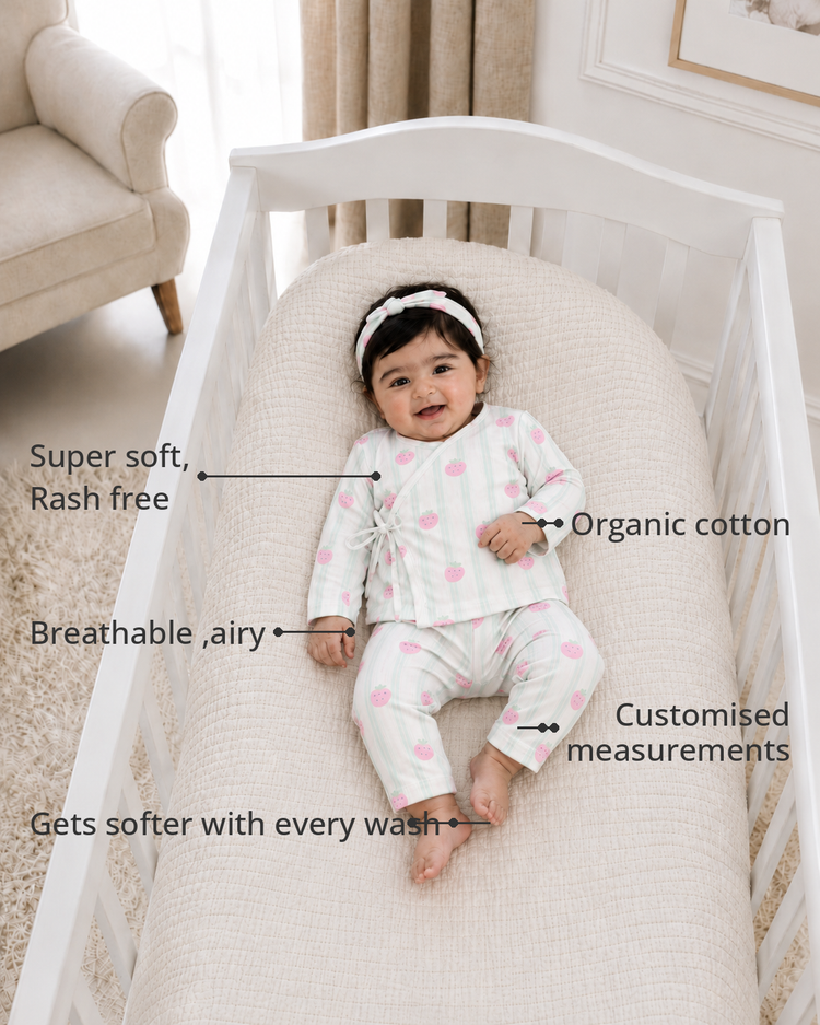 Anaario Strawberry Wrap Baby Co-ord Set features - organic cotton, super soft and rash free, breathable, gets softer with every wash, customised measurements