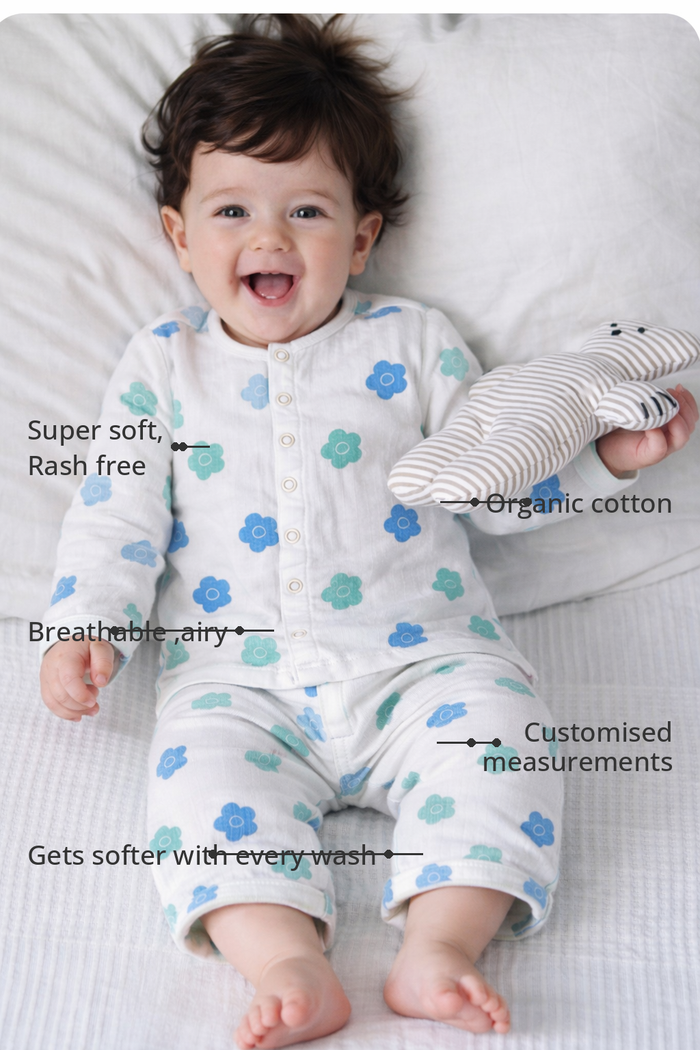 Anaario Teal Blossom Set features - organic cotton, super soft and rash free, breathable, gets softer with every wash, customised measurements