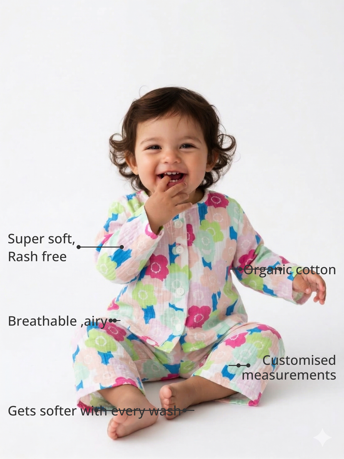 Anaario Trio-toned florals Set features - organic cotton, super soft and rash free, breathable, gets softer with every wash, customised measurements