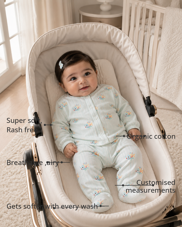 Anaario Tropical Fish Set features - organic cotton, super soft and rash free, breathable, gets softer with every wash, customised measurements