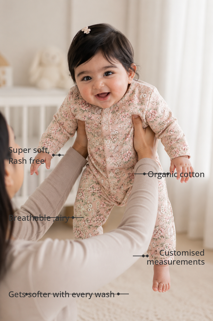 Anaario Vintage Bunny Set features - organic cotton, super soft and rash free, breathable, gets softer with every wash, customised measurements