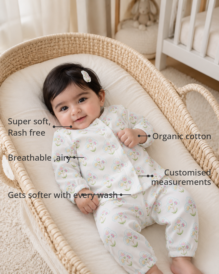 Anaario Vintage Garden Set features - organic cotton, super soft and rash free, breathable, gets softer with every wash, customised measurements