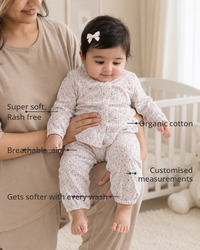 Anaario Whispering Pink Set features - organic cotton, super soft and rash free, breathable, gets softer with every wash, customised measurements