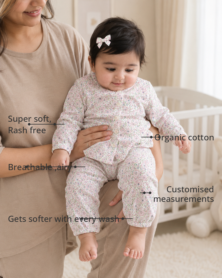 Anaario Whispering Pink Set features - organic cotton, super soft and rash free, breathable, gets softer with every wash, customised measurements