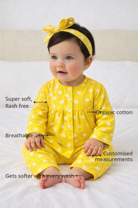 Anaario Yellow alphabets Set features - organic cotton, super soft and rash free, breathable, gets softer with every wash, customised measurements