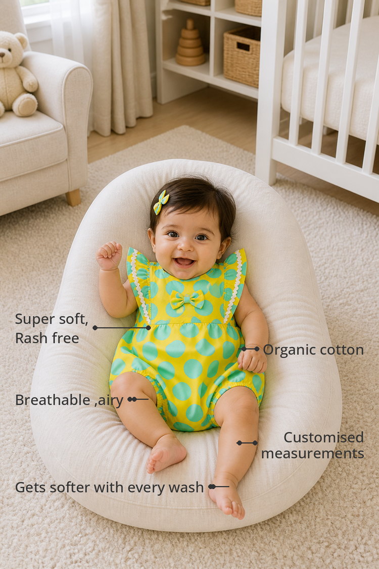 Anaario Yellow Aqua Polka Dot Frill Romper features - organic cotton, super soft and rash free, breathable, gets softer with every wash, customised measurements