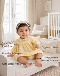 Anaario Yellow Check Bow Dress Set features - organic cotton, super soft and rash free, breathable, gets softer with every wash, customised measurements