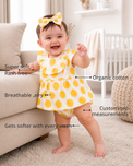 Anaario Yellow Dot Frill Dress Set features - organic cotton, super soft and rash free, breathable, gets softer with every wash, customised measurements
