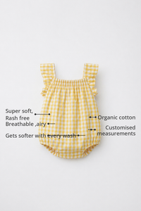 Anaario Yellow Gingham Shoulder Frill Romper features - organic cotton, super soft and rash free, breathable, gets softer with every wash, customised measurements