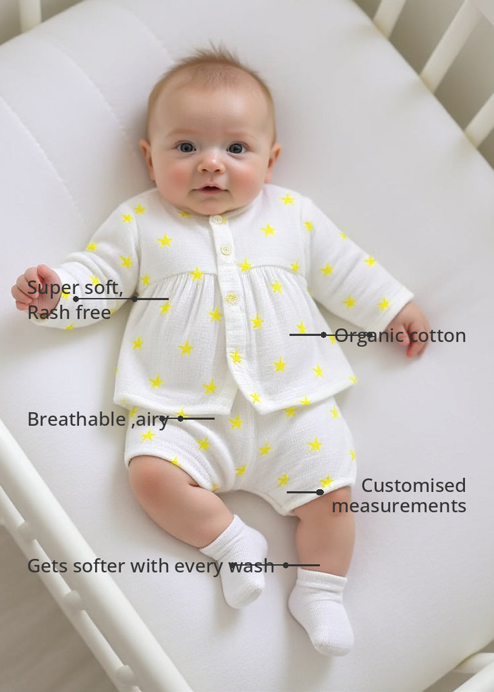 Anaario Yellow palm leaves Set features - organic cotton, super soft and rash free, breathable, gets softer with every wash, customised measurements