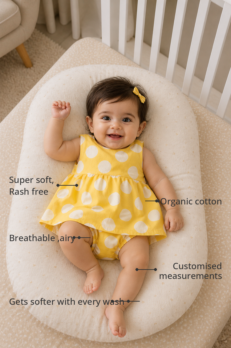 Anaario Yellow Polka Dot Dress Set features - organic cotton, super soft and rash free, breathable, gets softer with every wash, customised measurements