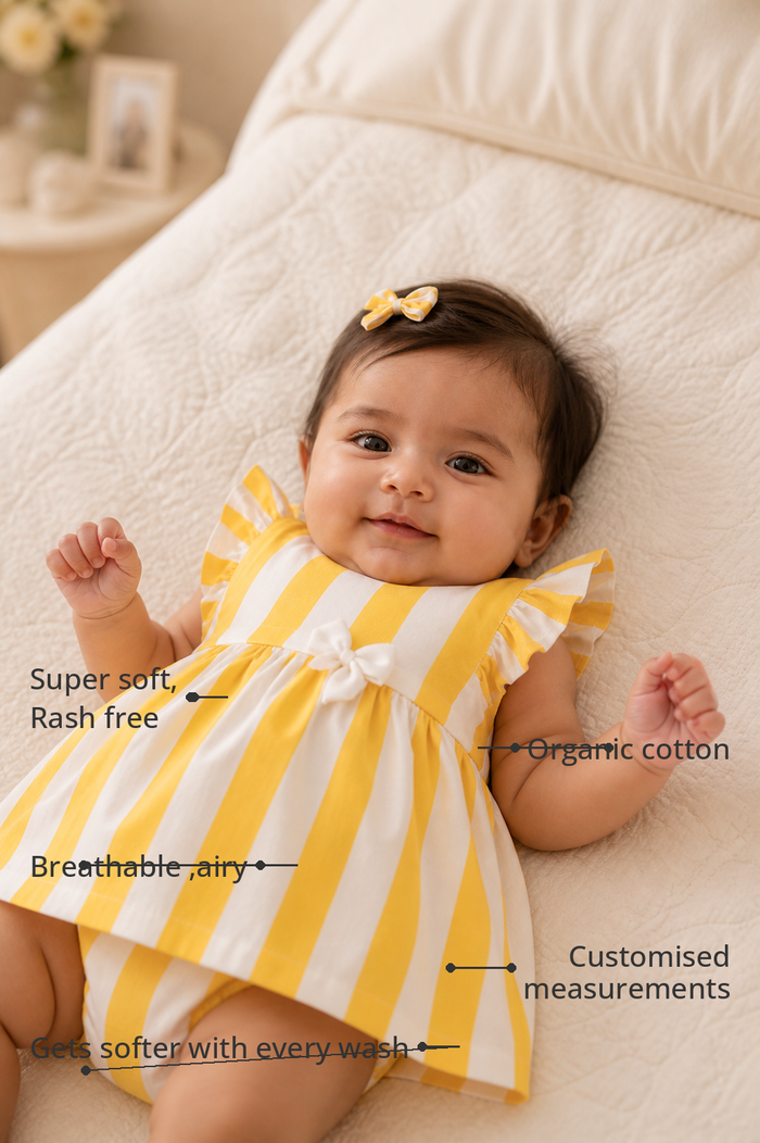 Anaario Yellow Stripe Frill Dress Set features - organic cotton, super soft and rash free, breathable, gets softer with every wash, customised measurements