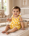 Anaario Yellow White Polka Dot Tie-Shoulder Romper features - organic cotton, super soft and rash free, breathable, gets softer with every wash, customised measurements