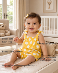 Anaario Yellow White Polka Dot Tie-Shoulder Romper features - organic cotton, super soft and rash free, breathable, gets softer with every wash, customised measurements