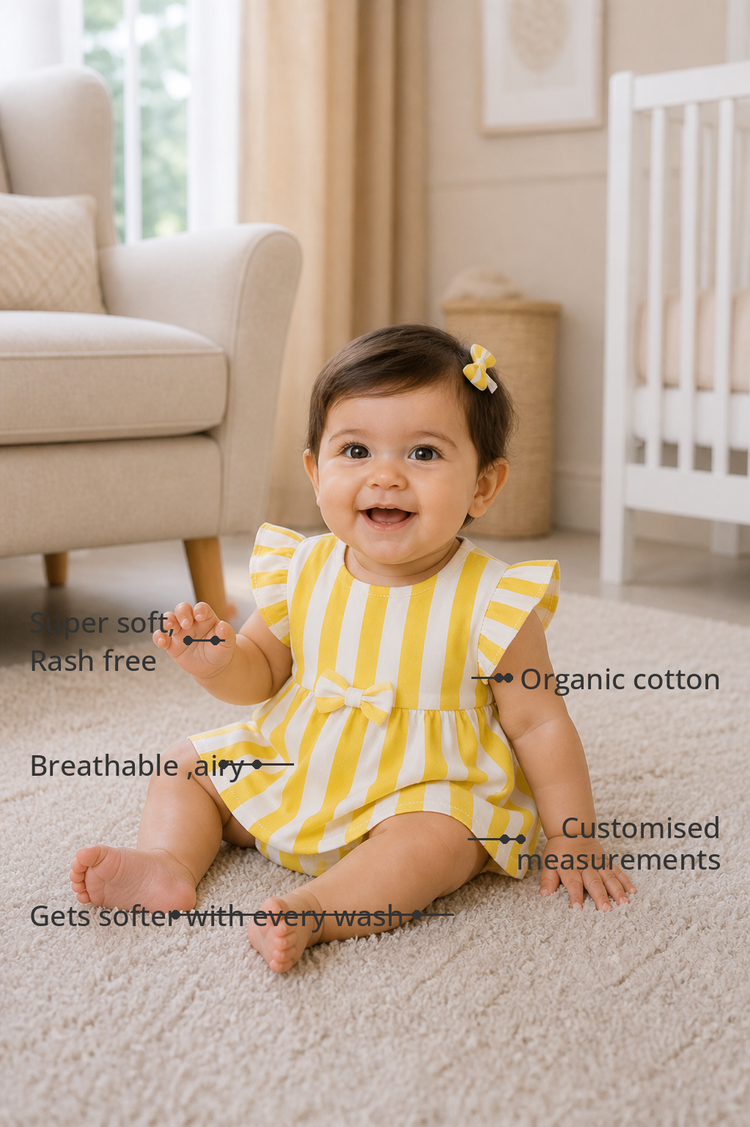 Anaario Yellow White Stripe Frill Romper features - organic cotton, super soft and rash free, breathable, gets softer with every wash, customised measurements