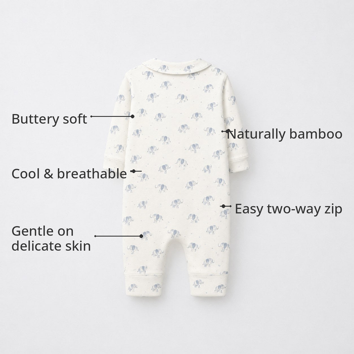 Blue Elephant Bamboo Baby Sleepsuit – Zip Romper Onesie – features
