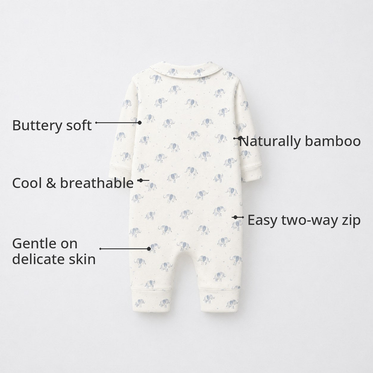 Blue Elephant Bamboo Baby Sleepsuit – Zip Romper Onesie – features