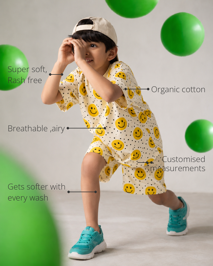 Anaario All Smiles Co-ord Set features - organic cotton, super soft and rash free, breathable, gets softer with every wash, customised measurements