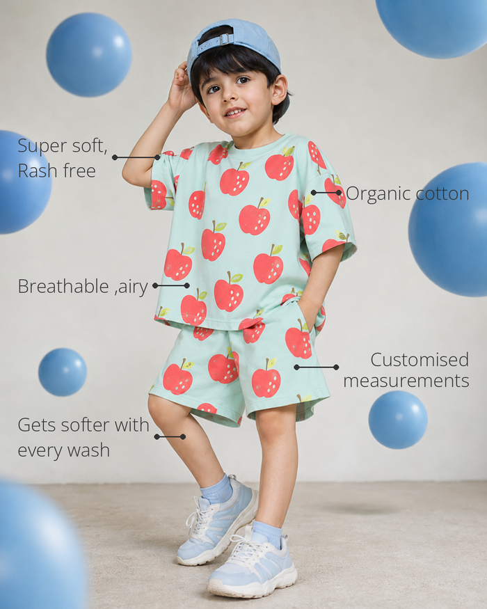 Anaario Apple Smash Co-ord Set features - organic cotton, super soft and rash free, breathable, gets softer with every wash, customised measurements