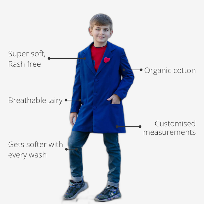 Anaario Arctic Coat features - organic cotton, super soft and rash free, breathable, gets softer with every wash, customised measurements