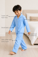 Anaario Blue-a-Boo Night Suit features - organic cotton, super soft and rash free, breathable, gets softer with every wash, customised measurements