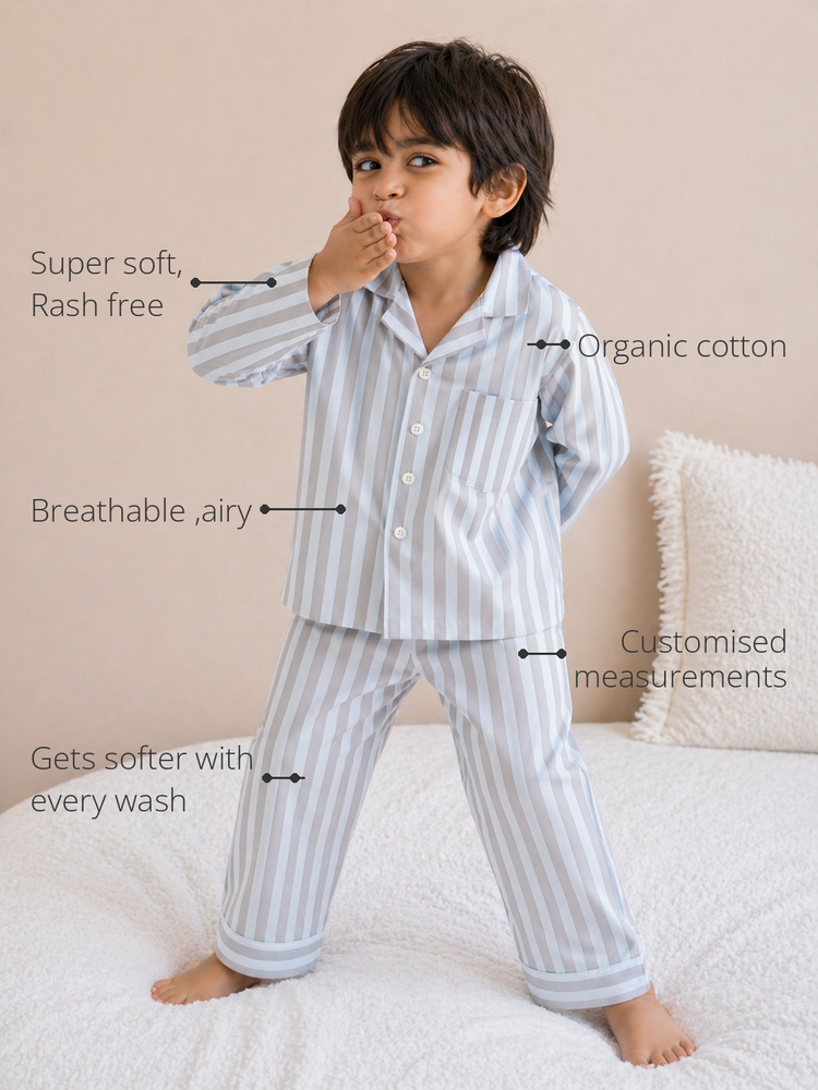 Anaario Blue and Grey Stripes Night Suit features - organic cotton, super soft and rash free, breathable, gets softer with every wash, customised measurements