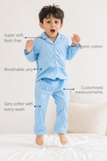 Anaario Blue and White Raindrops Night Suit features - organic cotton, super soft and rash free, breathable, gets softer with every wash, customised measurements