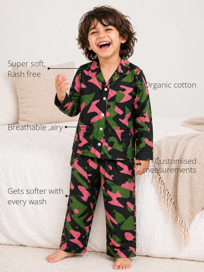 Anaario Camo Cutie Night Suit features - organic cotton, super soft and rash free, breathable, gets softer with every wash, customised measurements