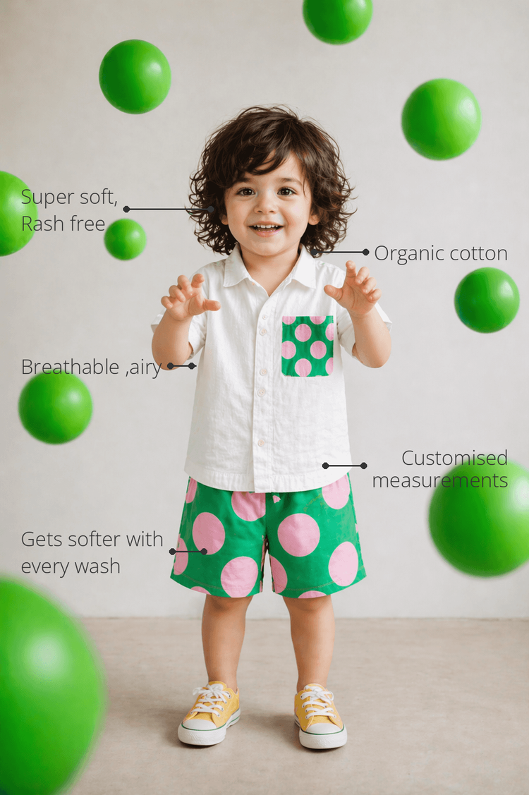 Anaario Candy Pop Pocket Shirt features - organic cotton, super soft and rash free, breathable, gets softer with every wash, customised measurements