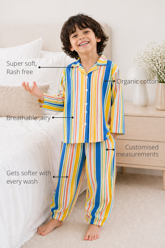 Anaario Candy Stripes Night Suit features - organic cotton, super soft and rash free, breathable, gets softer with every wash, customised measurements
