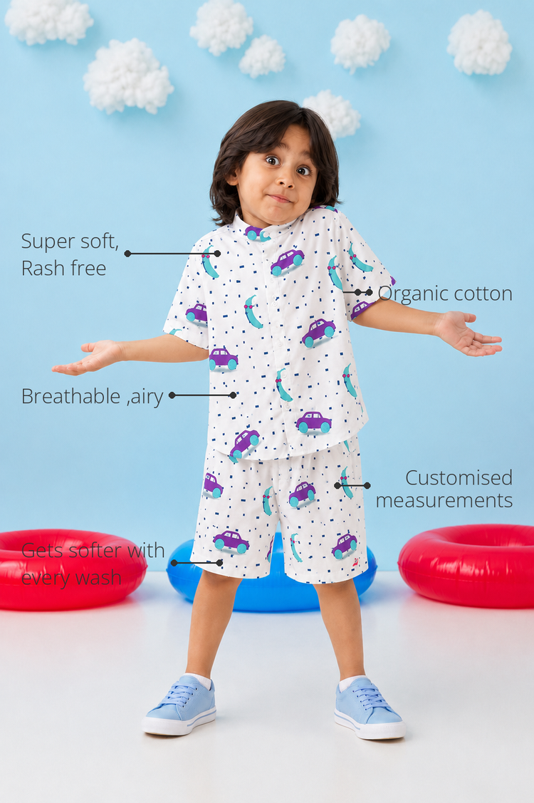 Anaario Car Print Shorts features - organic cotton, super soft and rash free, breathable, gets softer with every wash, customised measurements