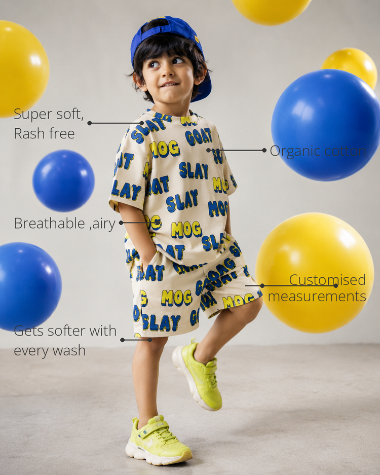 Anaario Certified GOAT Co-ord Set features - organic cotton, super soft and rash free, breathable, gets softer with every wash, customised measurements
