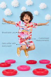 Anaario Cherry Splash Shorts features - organic cotton, super soft and rash free, breathable, gets softer with every wash, customised measurements