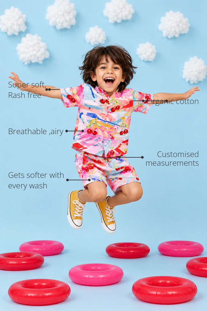 Anaario Cherry Splash Shorts features - organic cotton, super soft and rash free, breathable, gets softer with every wash, customised measurements
