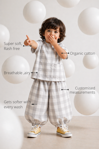 Anaario Cloud Check Co-ord Set features - organic cotton, super soft and rash free, breathable, gets softer with every wash, customised measurements