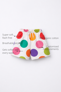 Anaario Confetti Pop Shorts features - organic cotton, super soft and rash free, breathable, gets softer with every wash, customised measurements