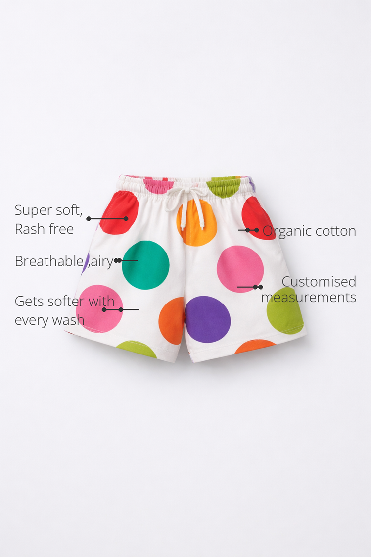 Anaario Confetti Pop Shorts features - organic cotton, super soft and rash free, breathable, gets softer with every wash, customised measurements